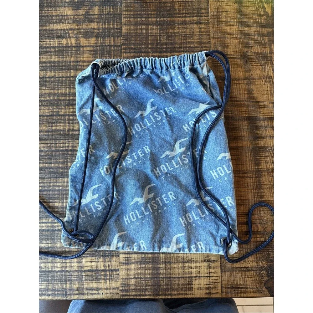 Hollister Blue Denim Drawstring Backpack Bag White Logo Y2K Sack Gym School Bag